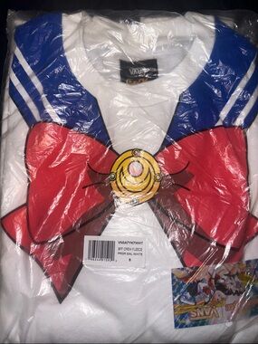Vans White Crewneck with Blue Sailor Collar and Red Bow Graphic